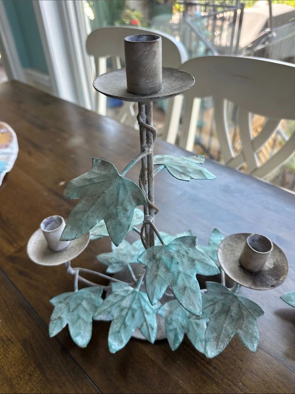 Metal Ivy Branch Candle Holders - Green Patina- set of 3